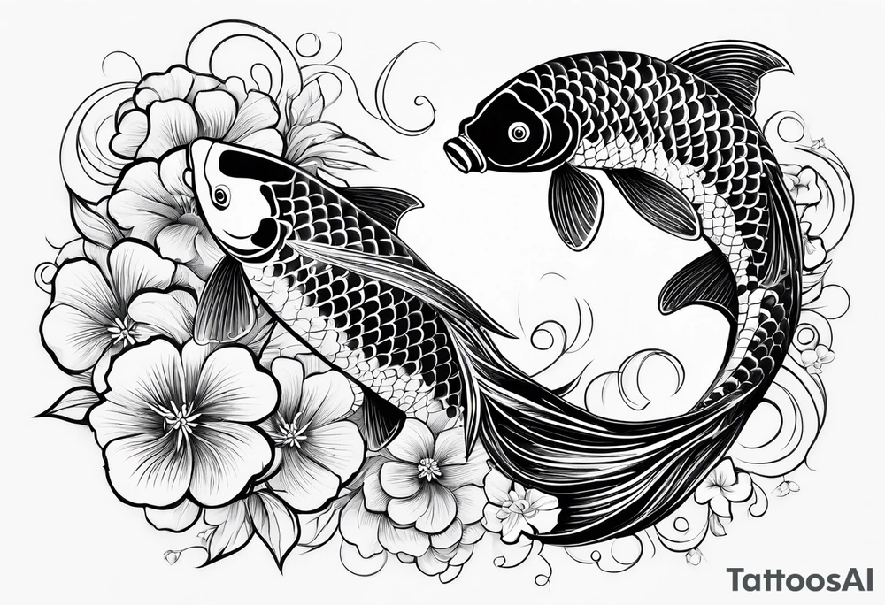 2 koi fish and flowers tattoo idea