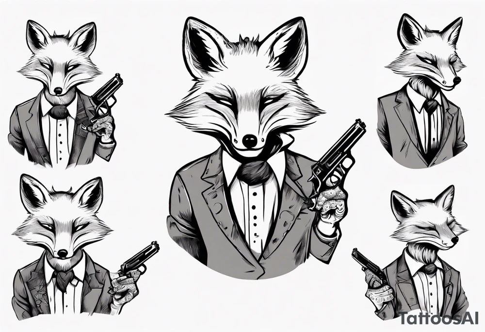 a fox holding a gun and smoking a coggarte tattoo idea