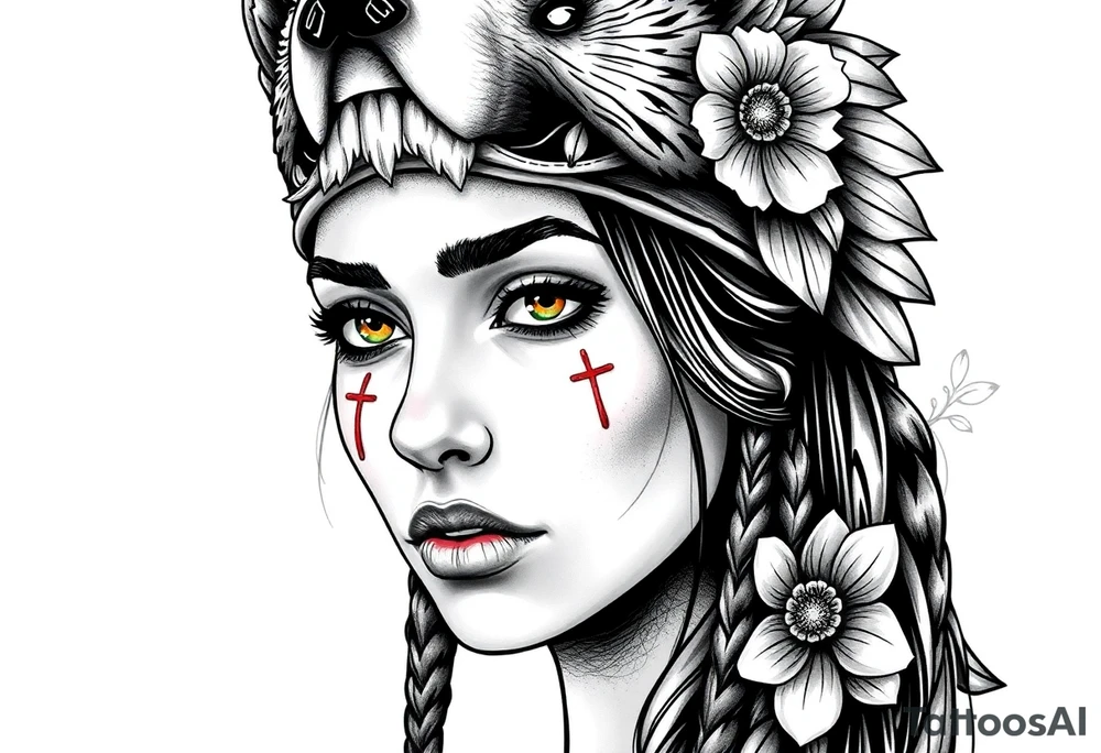 Young Symmetrical Beautiful Woman, looking forward, with colored eyes, shedding a tear, with battle scars and blood on face, with soft look, wearing a mean looking bear headdress on head, with flower background tattoo idea