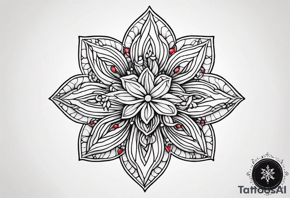 Small tattoo of a forget me knot flower linework star thats outline is red and a snowflake all separate very very small tattoo idea