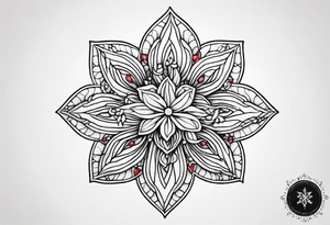 Small tattoo of a forget me knot flower linework star thats outline is red and a snowflake all separate very very small tattoo idea