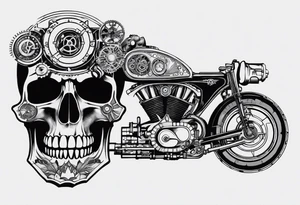 Powerful skull powered by an engine featuring an "steampunk desing" in the image appears a psiton and a turbo, also the dseign must be vertical. Also, the desing must be minimalistic not saturated. tattoo idea