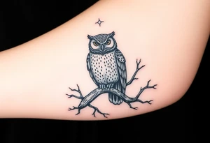 wise owl perched on ancient oak branch under starlit sky tattoo idea