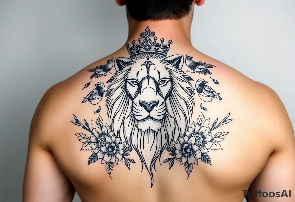powerful majestic lion with a crown, surrounded by floral ornaments and birds tattoo idea