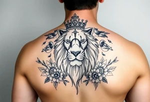 powerful majestic lion with a crown, surrounded by floral ornaments and birds tattoo idea