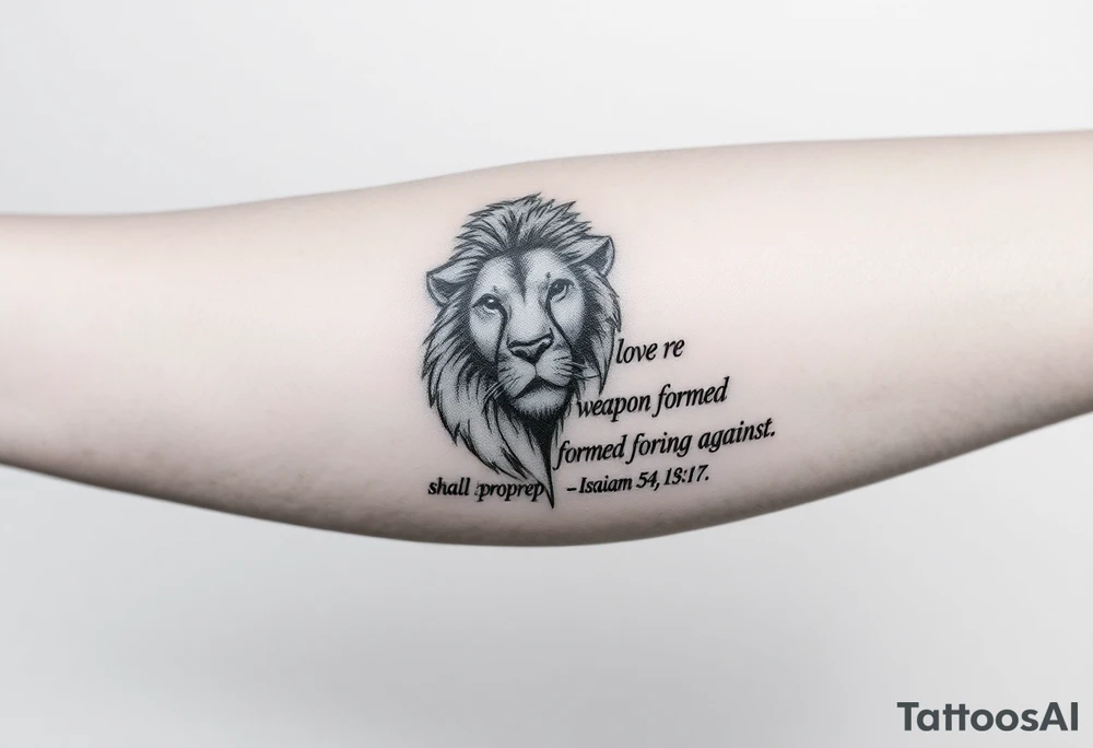 A image that depicts, Isaiah 54:17, no weapon formed against me shall prosper. That will also blend with my forearm tattoo of Jesus, the cross and a lion. tattoo idea