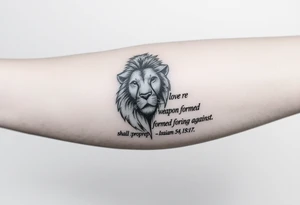 A image that depicts, Isaiah 54:17, no weapon formed against me shall prosper. That will also blend with my forearm tattoo of Jesus, the cross and a lion. tattoo idea