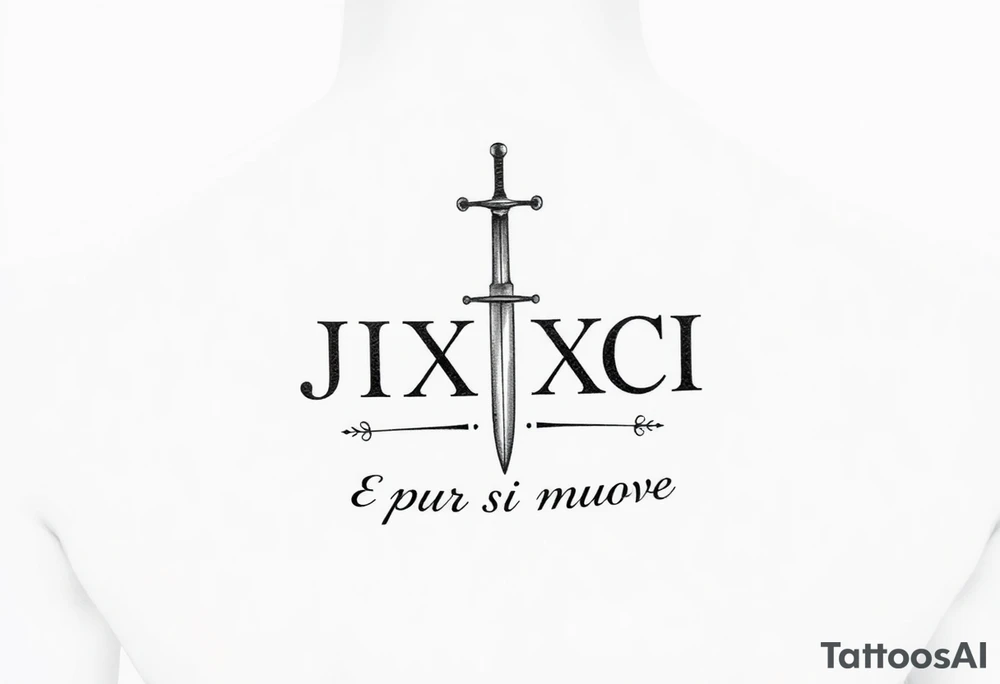 Minimalist Emblem

Combine the Roman numerals III·IX·XCI in an almost runic, minimalist stacked style.
Behind or through it, place a fine-lined sword/dagger, or a subtle cross, integrated into the numbers.
"E pur si muove" could run beneath like a foundation line, or curve around the emblem like a banner.
Think clean, bold but understated. tattoo idea