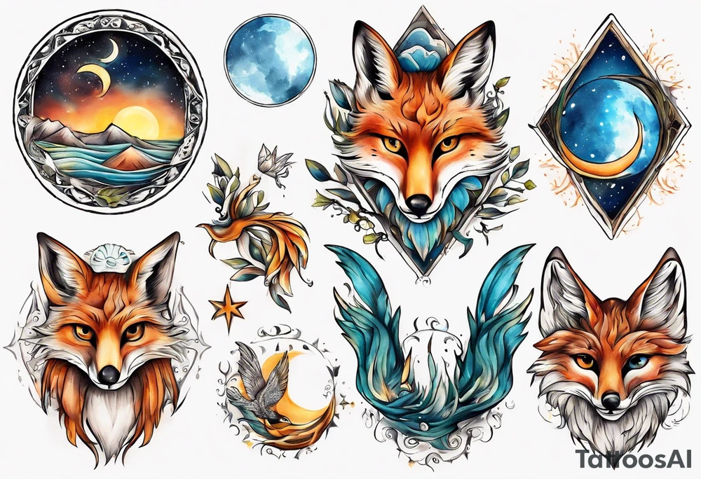 wasser sonne und mond fuchs eule kolibri tattoo idea