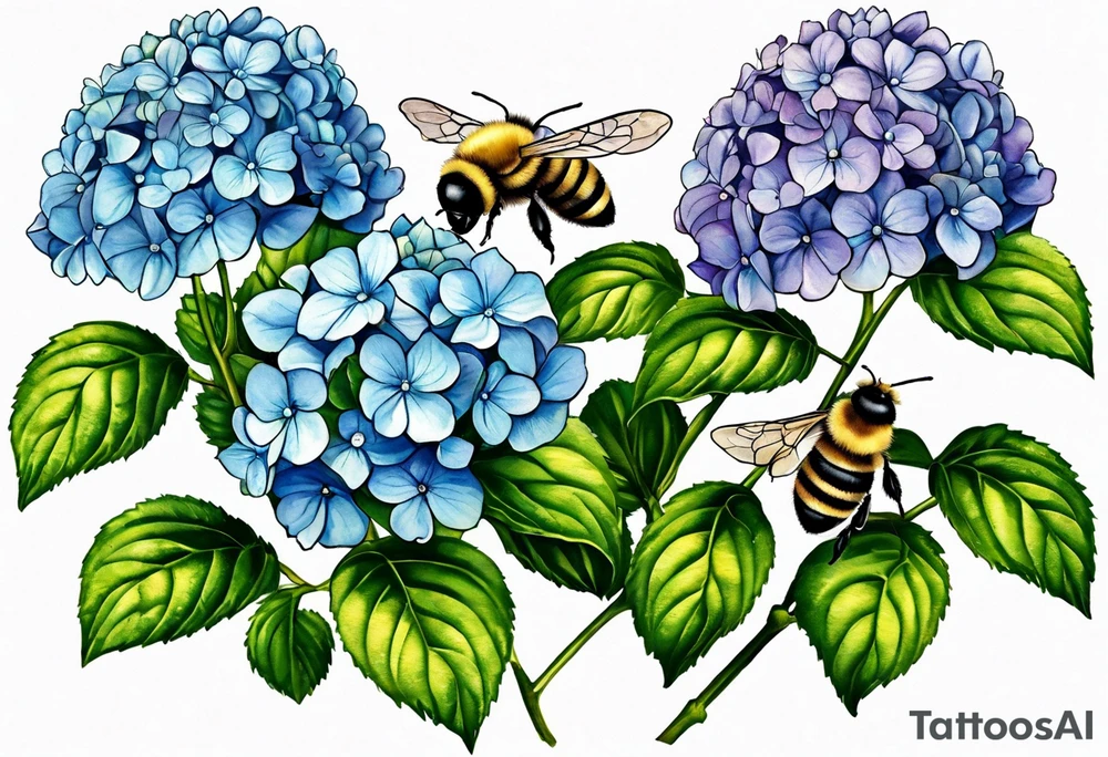 Small tattoo. There’s a hydrangea and a bee but they are not touching. Make the bee smaller than the hydrangea and have the bee off to the side. Bee is smaller than the hydrangea tattoo idea