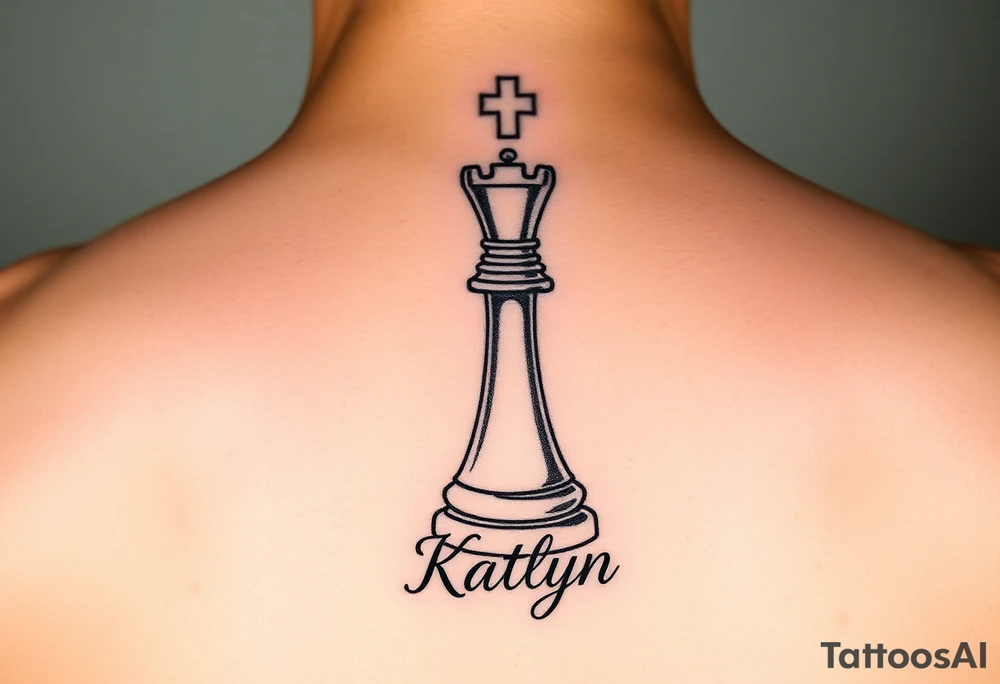 A queen chess piece with the name Katlyn incorporated into the bottom of the piece tattoo idea
