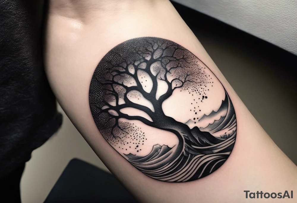 an abstract Tree of Life tattoo. It should have roots growing out of the bottom. The roots slowly turn into water from the Great Wave by Hokusai. A golf flag should be placed discreetly growing out of the ground. 2 license plate tags should be hanging from the tree. Place a few music notes in the areas the leaves should be. The letters A U should be engraved into the tree trunk in a heart. tattoo idea