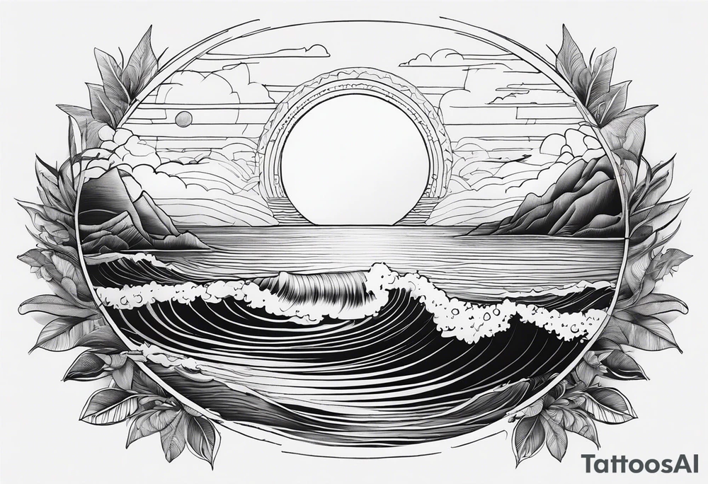 You're adding way too much. Please tone it back. Fine line, minimal sunset. Only Ocean and sunset in the image. Very calm waters with barely any waves. tattoo idea