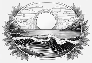 You're adding way too much. Please tone it back. Fine line, minimal sunset. Only Ocean and sunset in the image. Very calm waters with barely any waves. tattoo idea