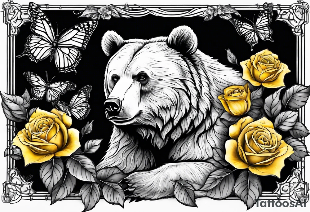 A bear sitting under the tree of life with three yellow roses, and three butterflies tattoo idea