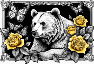 A bear sitting under the tree of life with three yellow roses, and three butterflies tattoo idea