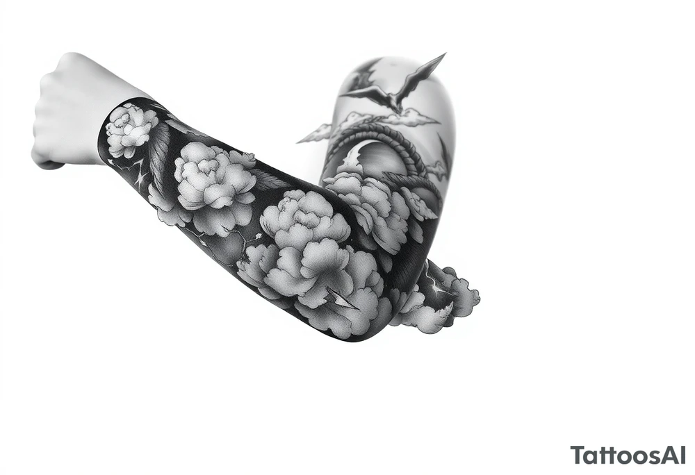 right arm sleeve, storm clouds and lightning mixed throughout, tattoo idea