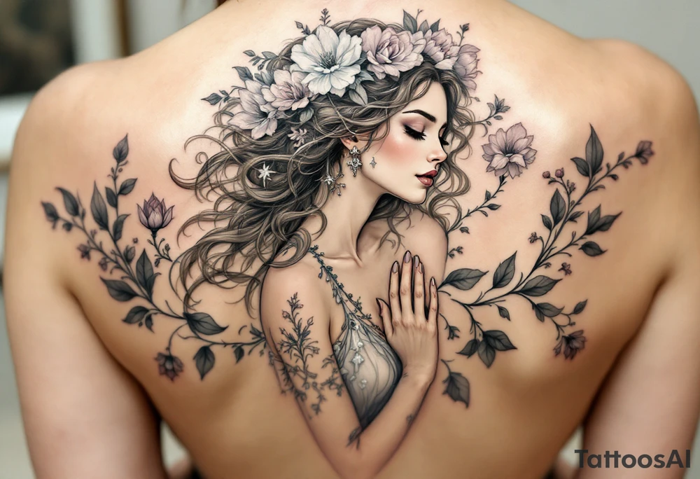 Alfons Mucha’s fairytale woman surrounded by icy floral motifs, wearing a gown of dusty silver and hints of lilac. tattoo idea
