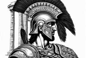 Side profile of spartan soilder with Rome Pantheon and colosseum in background tattoo idea