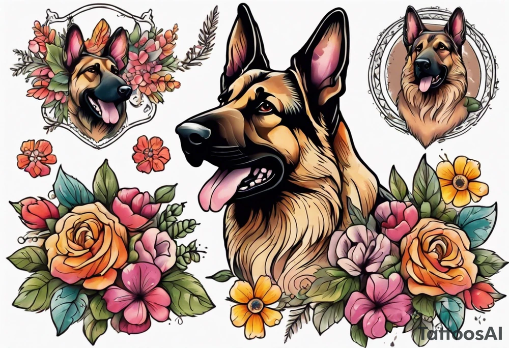 Sable coat German shepherd portrait brightly colored with flowers tattoo idea
