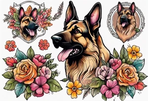 Sable coat German shepherd portrait brightly colored with flowers tattoo idea