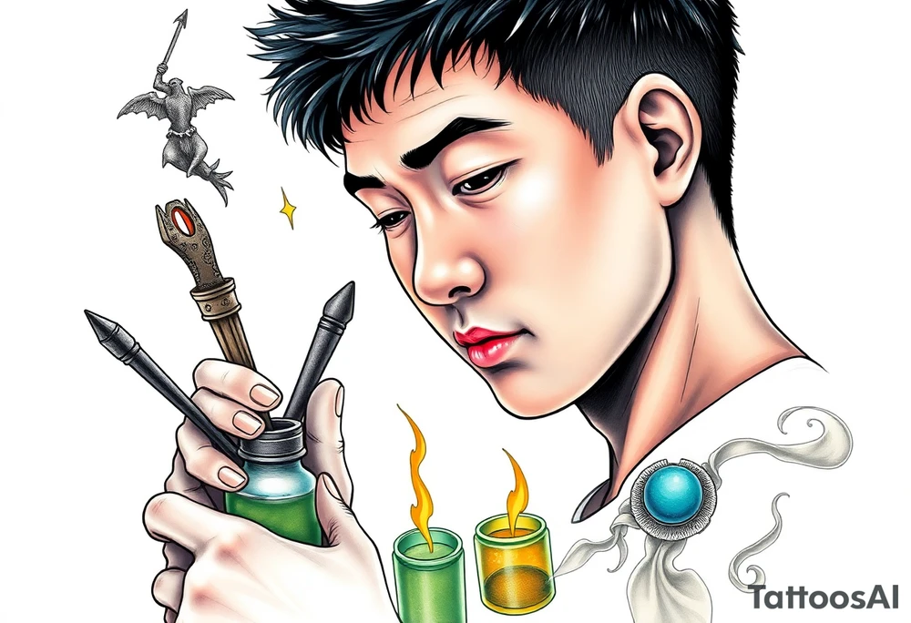 Handsome Asian young adult guy is  accidentally stumbled upon witch tools, supplies, artifacts, potions and exploring it curiously tattoo idea