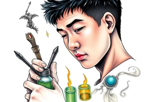 Handsome Asian young adult guy is  accidentally stumbled upon witch tools, supplies, artifacts, potions and exploring it curiously tattoo idea