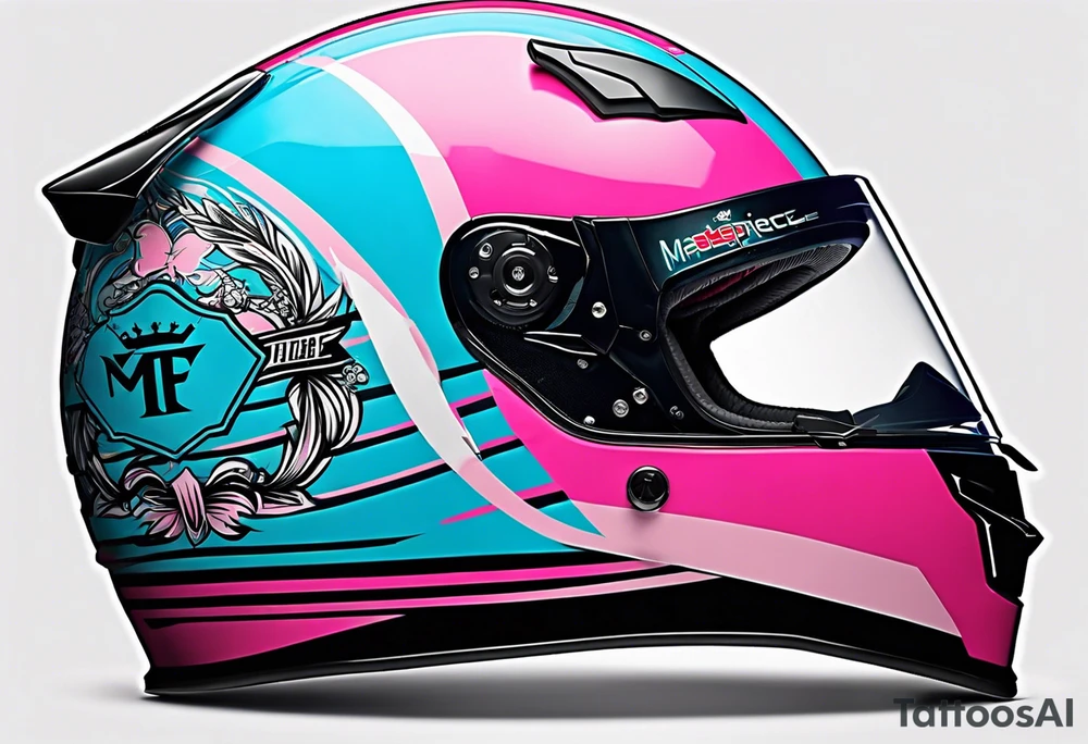 formula 1 helment with miami name a palm three and black light blue and pink colors tattoo idea