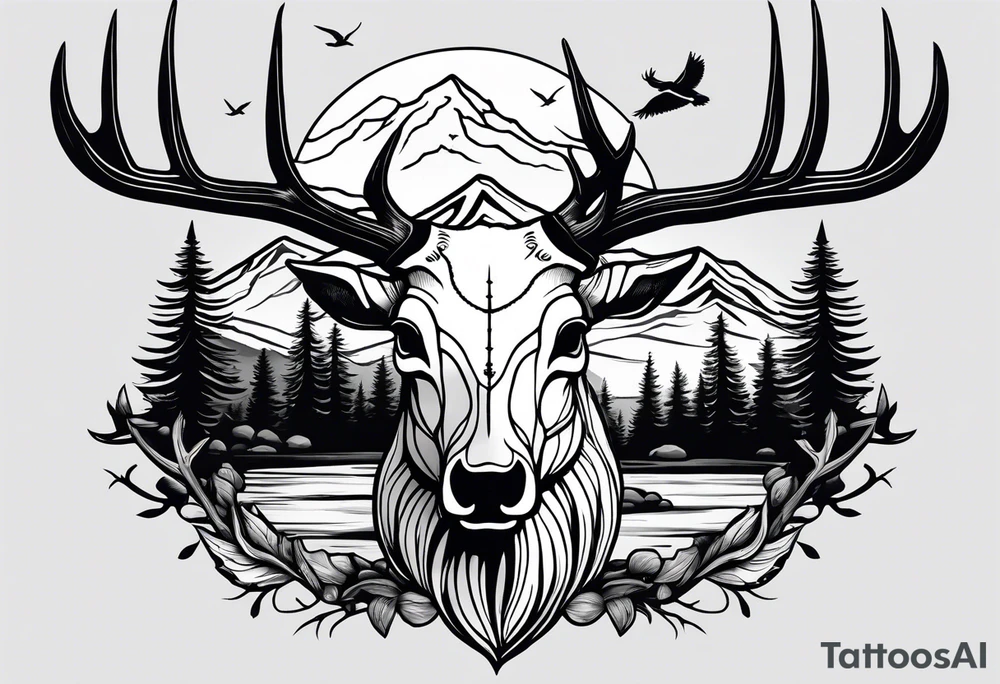 elk skull with mountains and trees
with a stream and birds overhead tattoo idea