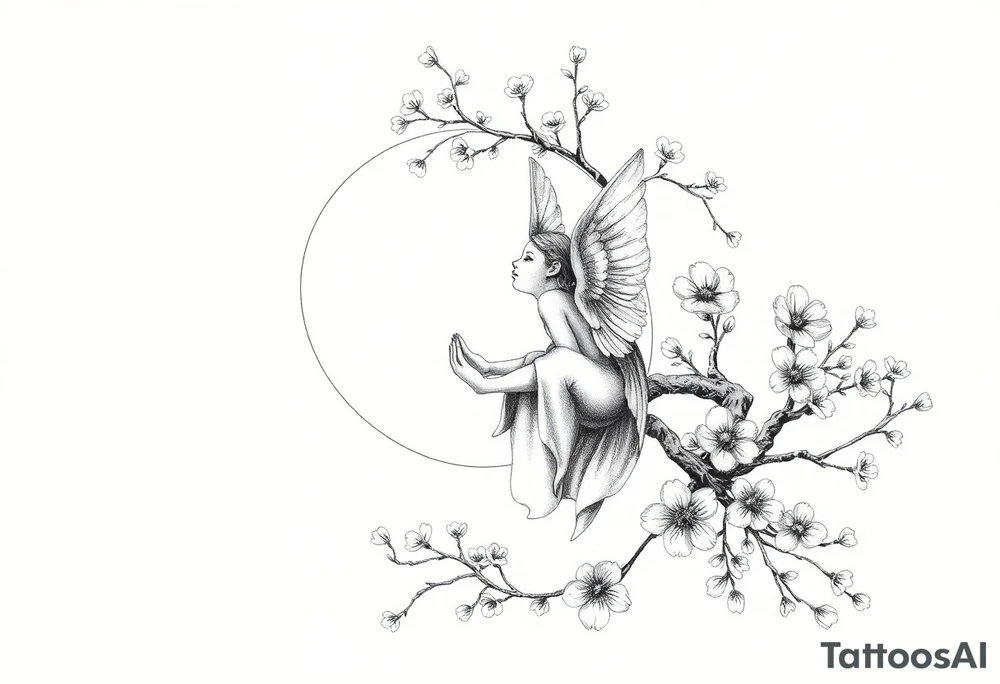 the sun or the moon being wrapped w cherry blossom tree with an angel laying on the moon or lookin at the sun holding its hand out tattoo idea