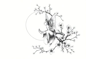 the sun or the moon being wrapped w cherry blossom tree with an angel laying on the moon or lookin at the sun holding its hand out tattoo idea