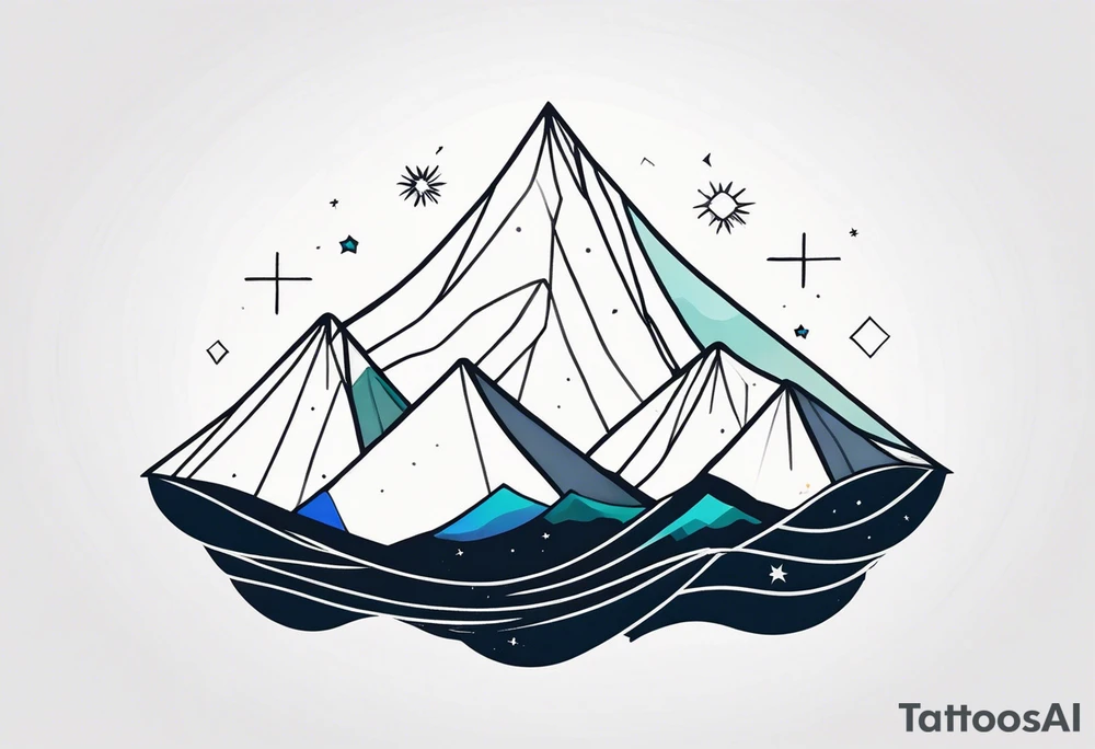Mountain one Peak, sea waves, space with two littel coloured Stars, semi circle Open surrounds mountain Peak, geometrical forms overlapping dashed lines tattoo idea