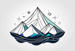 Mountain one Peak, sea waves, space with two littel coloured Stars, semi circle Open surrounds mountain Peak, geometrical forms overlapping dashed lines tattoo idea