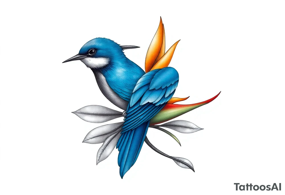 Bird of paradise flower with blue bird tattoo idea