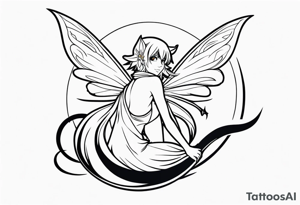 No color fairy with a tail inspired by the guild symbol in the anime show called Fairy Tail in a fetal position leaning in and forward while crawled in tattoo idea