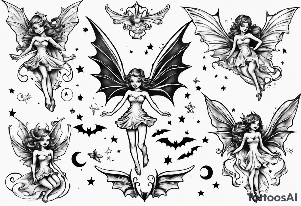 Tiny fairy flying with a bat tattoo idea