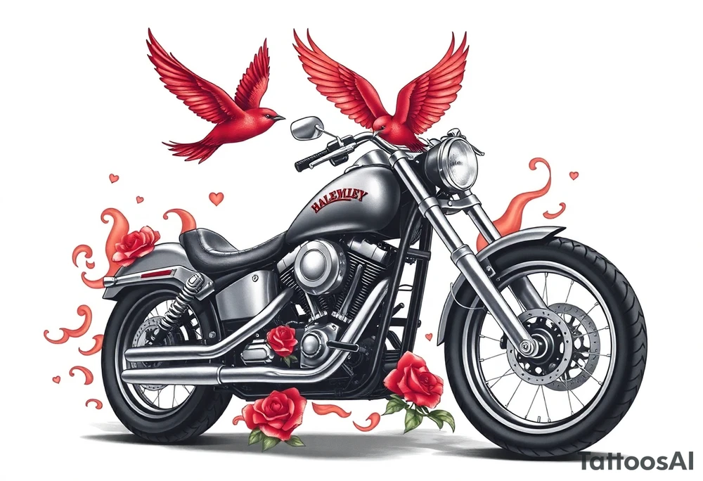 Harley grey motorcycle driving away, two red birds flying, roses and lace, flames tattoo idea