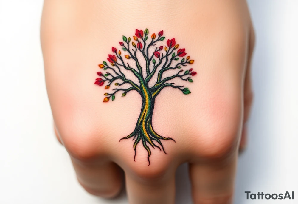 Vibrant tree of life Jamaican and Irish colours tattoo idea
