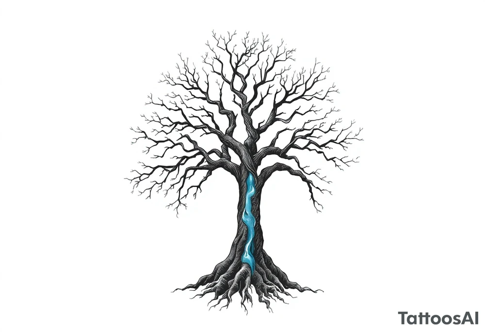 Black and white deciduos Tree with roots. Blue water inside the whole tree like many thin veins, flows from the brunches to the roots tattoo idea
