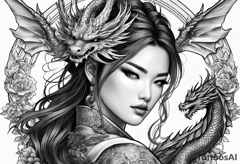 beautiful warrior nymph with dragon wings and dragon friends tattoo idea