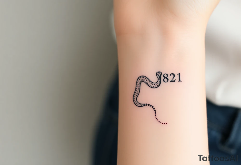 I want a small simple silhouette lines black and white wrist princess like girl snake tattoo that has number 12821 on its body along and also I want it to represent feminine energy crown queen Cycle tattoo idea