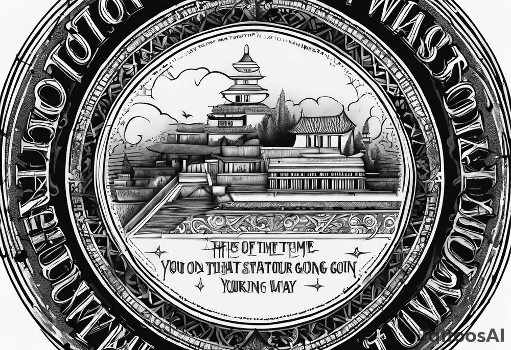 Circle of text on rhe hand with the tezt of dont waste tour time looking back youre not going that way tattoo idea