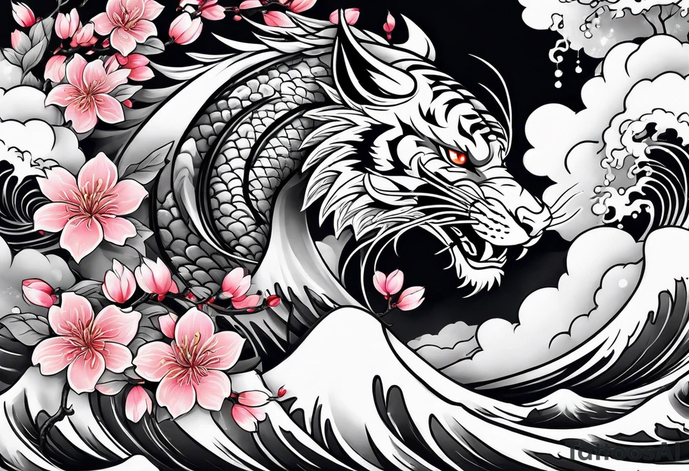 Majestic dragon and fierce tiger in waves and cherry blossoms tattoo idea