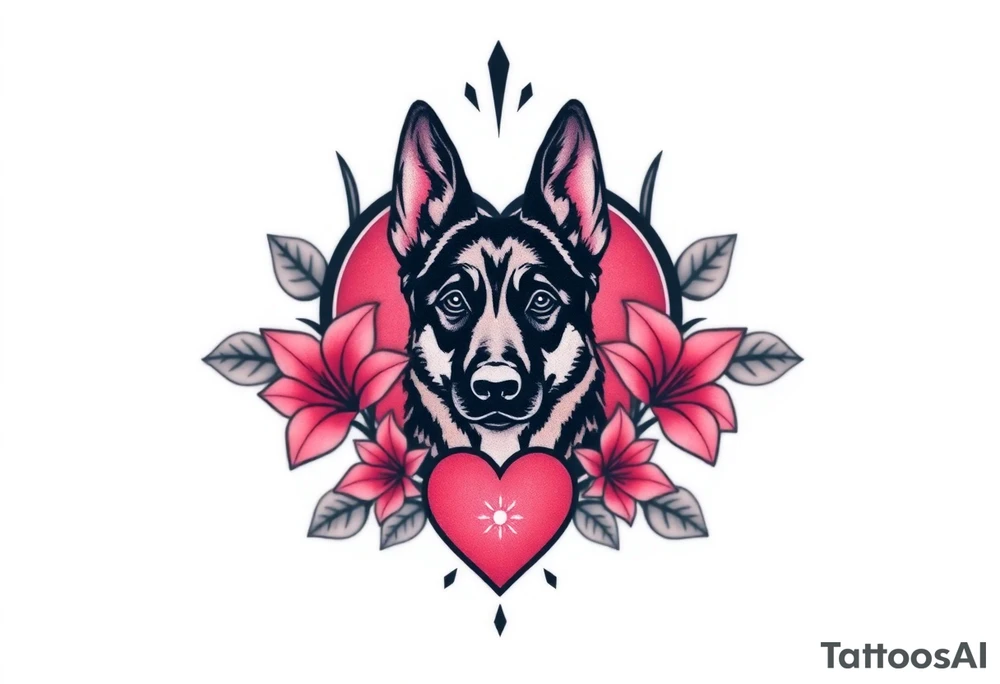 strong looking short haired german shepherd with alert ears surrounded by pink lilies with large leaves in front of a sacred heart tattoo idea