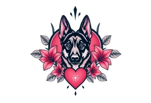 strong looking short haired german shepherd with alert ears surrounded by pink lilies with large leaves in front of a sacred heart tattoo idea