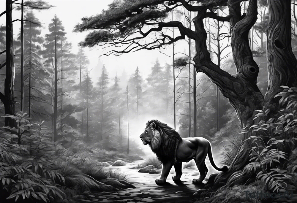 realistic black and gray  dark 
forest with a small lion walking into the forest looking backwards 
with a spiritual component tattoo idea