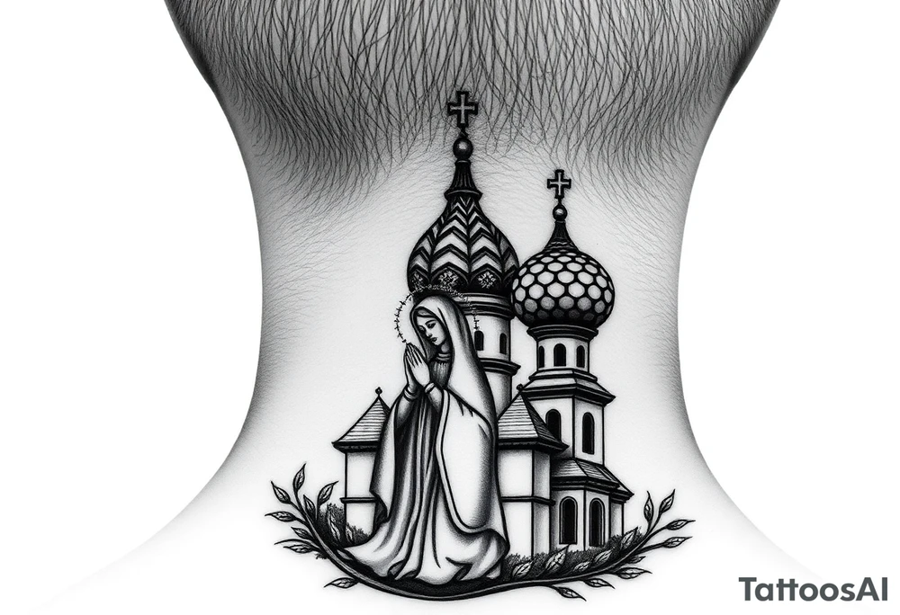 Flowing Scene

A onion domes orthodox church
Virgin Mary in prayer pose wrapping around the lower neck curve
A small double headed russian coat of arms eagle or just the star tucked above the dome near the hairline tattoo idea
