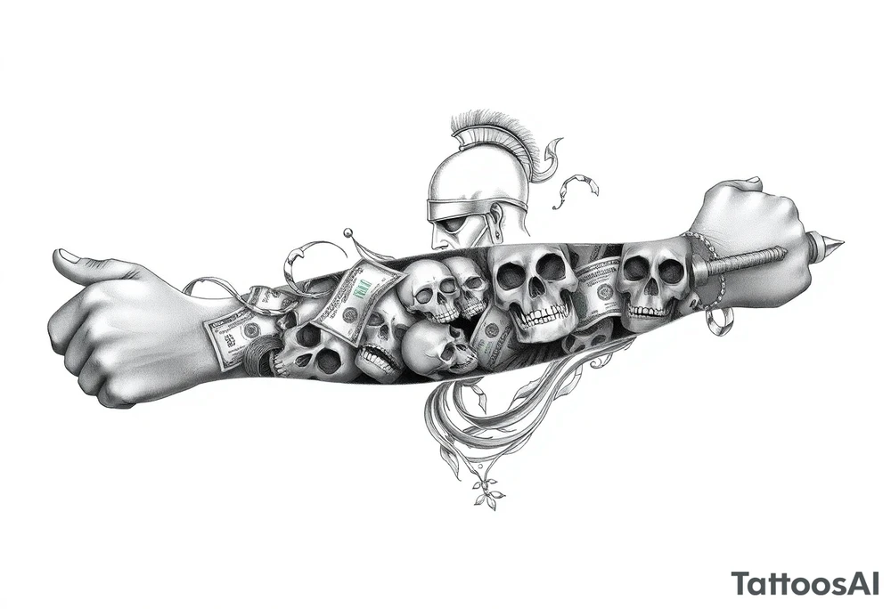 ​I want a full sleeve tattoo from shoulder to fingers, incorporating an  weapon, dollars, an image of a spartan warrior, skulls, man tattoo tattoo idea