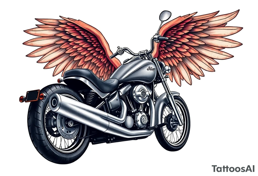 Low rider grey motorcycle, big muffler pipes with flames, angel wings, driving away, no person tattoo idea