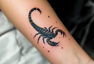 The starlit scorpion arches in a trail of gold dust, ready to strike with cosmic precision in closure of its star constellation tattoo idea